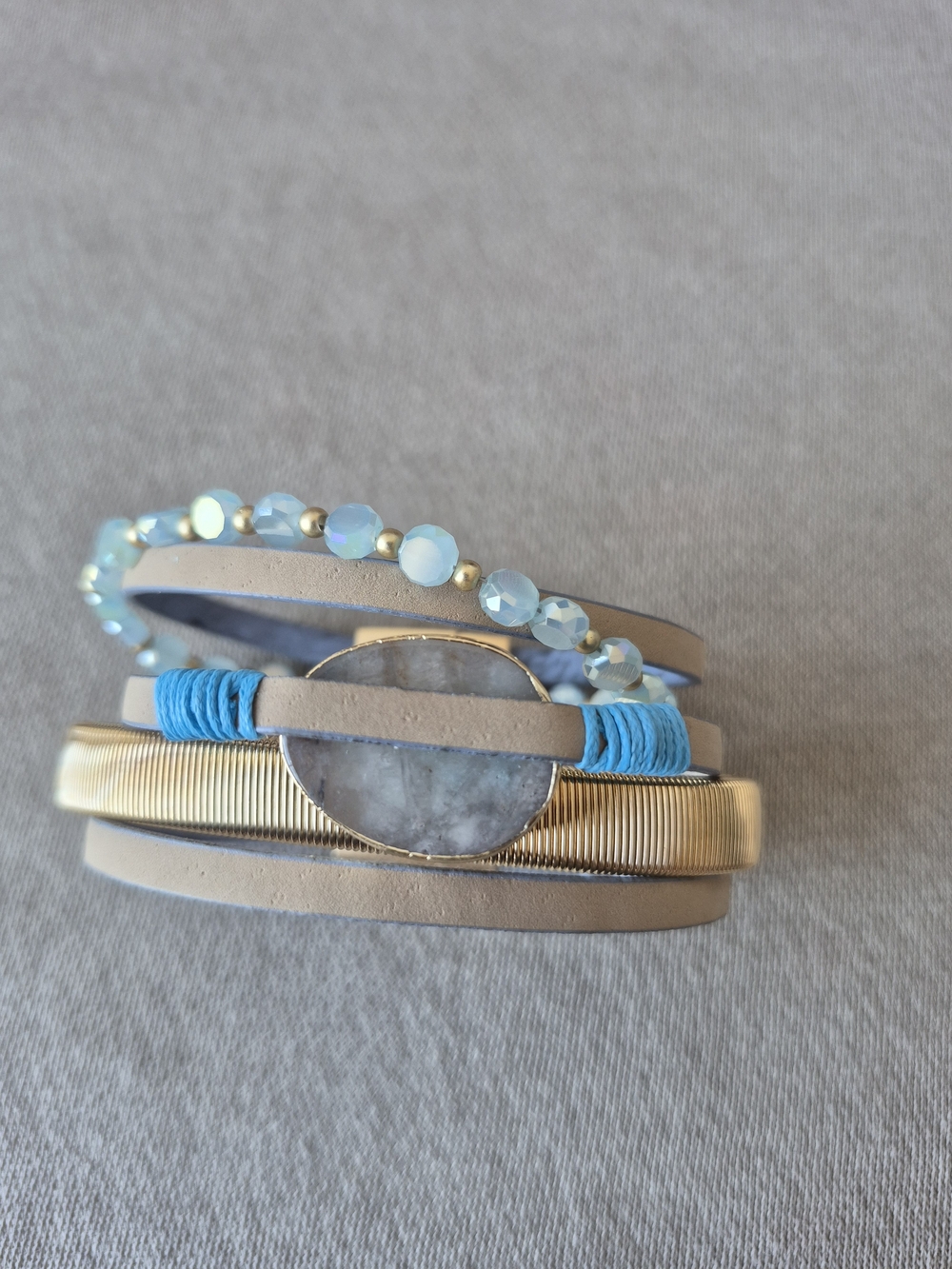 Stacked Blue & Gold Beaded Leather Wrap Bracelet